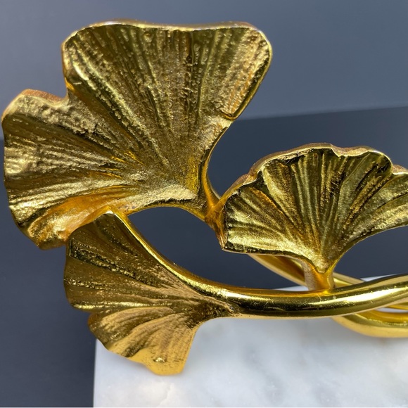 Sculpture 2 Leaf Ginko Gold Look Sculpture Modern Metal Leaves Marble Base - Picture 5 of 10